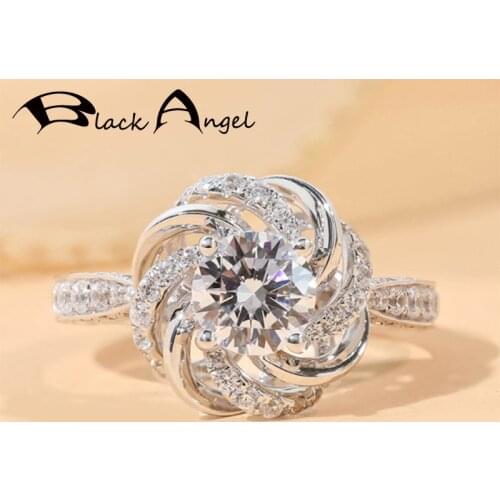 BLACK ANGEL 2021 New 925 Sterling Silver Lab Created White Gemstone Rose Flower Resizable Ring For Women Jewelry Wedding Gift