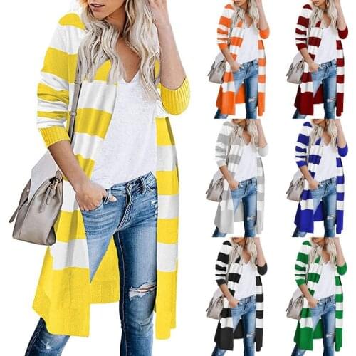 Stripe Long Cardigan Women Sweater Autumn Winter Casual Long Sleeve Color Block Loose Knit Outwear Lady Open Front Long Sweater