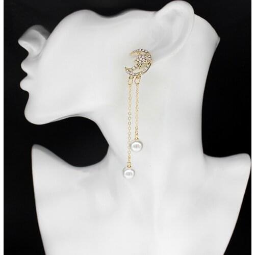 Elegant Twinkle Bling Mosaic Zircon Star Moon Earrings Double Chain Suspended Imitation Pearl Long Pendant Female Earrings