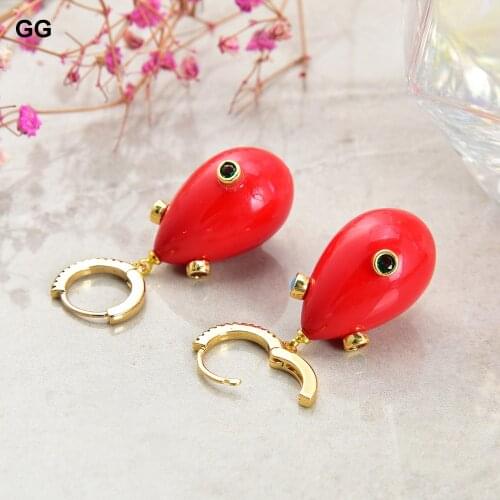 GuaiGuai Jewelry Teardrop Red Sea Shell Pearl Mixed color Cz Pave hook Earrings