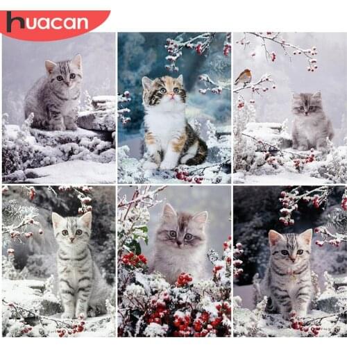 HUACAN Diamond Painting Cat Cross Stitch Rhinestone Mosaic Diamond Embroidery Animals 5D DIY Diamond Mosaic Winter Handmade Gift