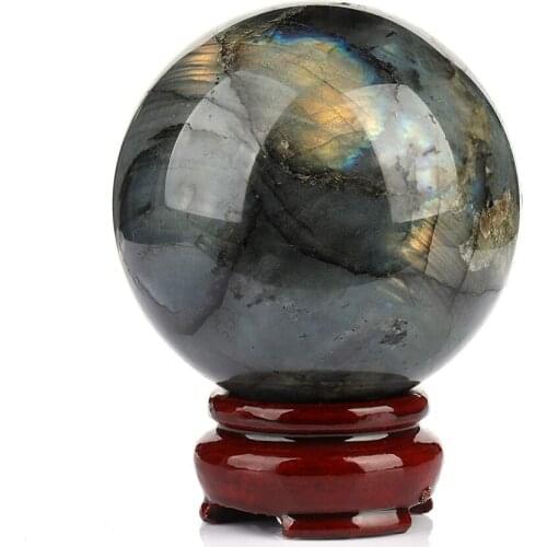 Natural Labradorite Quartz Crystal Ball Flash Moonstone Sphere Reiki Healing Cristaux Wicca Fengshui Decoration Free Wood Stand