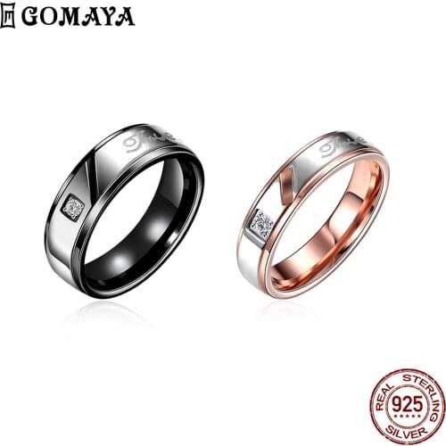 GOMAYA Stainless Steel Rings For Lovers English Letters Inlay Zirconia Festival Gifts For Girlfriend Wife Simple Fashion Jewelry