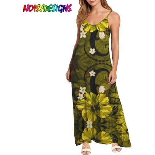 NOISYDESIGNS V Neck Beach Dress Casual Hawaiian Hibiscus Plumeria Printing Summer Women Holiday A Line Sling Long Dress Femme