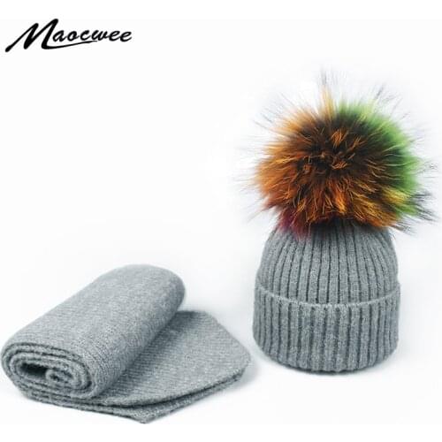 New Winter Scarf Beanie Hat Set With Colorful Fur Pompon For Children Adult Outdoor Warm Thick Cute Fashion Beanie Hat Scarf Set