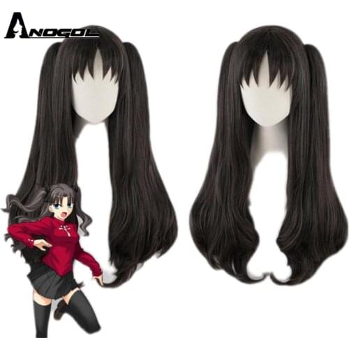 Anogol Anime Fate/Grand Order Tohsaka Rin Double Clip Ponytail Black Long Wave Synthetic Cosplay Wig For Halloween Party + Cap