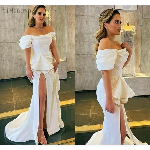 YiMinpwp Ivory Mermaid Prom Dresses Off Shoulder Thigh-High Slits Sweep Train Pleats Ruffles Long Formal Evening Party Gowns