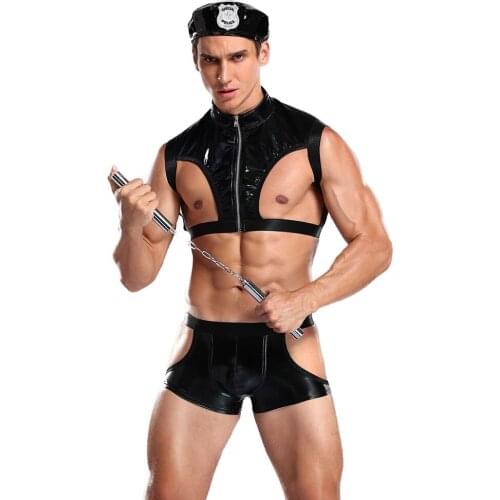 Sexy Wet Look Mens Costume Lingerie Set Police Cop Cosplay Suit Hollow Out Tshirts Top and Panties 2 Piece Set Sweat Suit BDSM