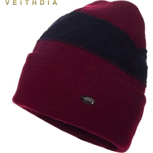VEITHDIA Super cool Skullies hats for men beanies Knitted plus velvet Patchwork Color Cap winter mens hat gorro cap Thick warm