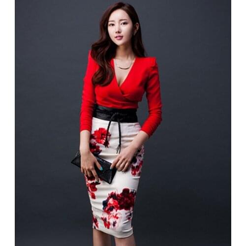 Runway High Quality New Womens Slim Sexy V Collar Long Sleeves Top Fashion Printing Skirt Set Celebrity Occupation Suit