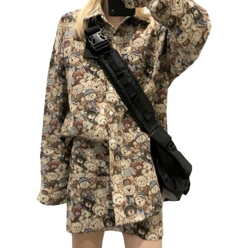 Cartoon Bear Shirt Women College Style Shirt Cute Animal Shirt Vintage Loose Long Sleeve Blouse Fashion Man Shirt Spring Shirt