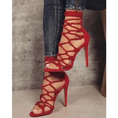 Sexy Red Suede Women Sandals Cut-out Cross Strap Lace-up Wave Braid Gladiator Sandals Women Peep Toe Customized Plus Size 10