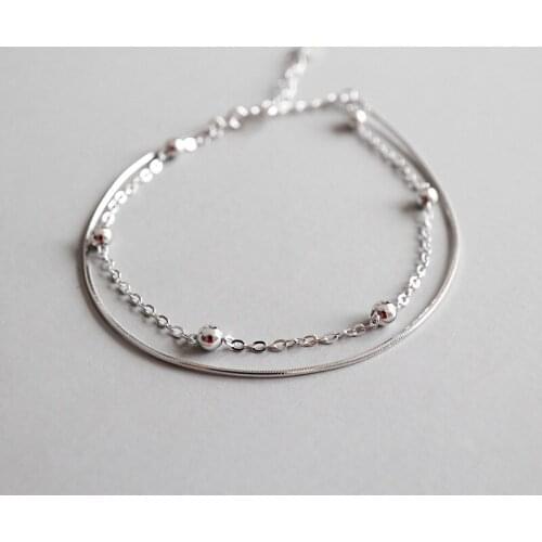 Real 925 sterling silver double layered beads ankle chain leg bracelet female , fashion anklets for women beach jewelry