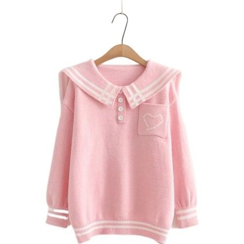 Heard Embroidery Striped Women Sweaters 2021 Winter Warm Knit Pullover Sailor Collar O-neck Korean Ladies Soft Tops Knitwear