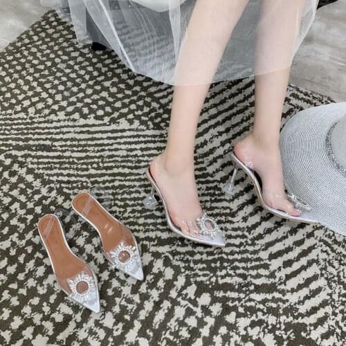 19 summer new style Transparent high heel pumps Stiletto pointed short shoes Wild fairy rhinestone round buckle womens shoes