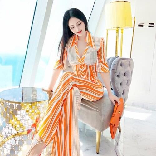 Women 2021 Summer Fashion Set Female Striped Loose Short Sleeve Top Shirt and Flare Long Pants Bottom Two Piece Set Outfit U210