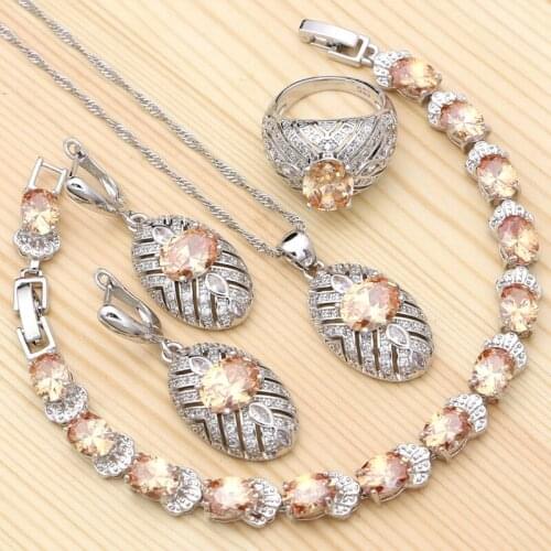 925 Silver Jewelry Kits For Women Wedding Champagne Cubic Zirconia Ring Bracelet Necklace Pendant Earrings Jewelry Sets