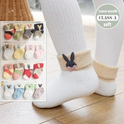 3 Pairs/Lot Baby Terry Socks Cartoon Long Tube Flanging Plush Socks Thick Autumn Winter Newborn Socks Children Cotton Socks