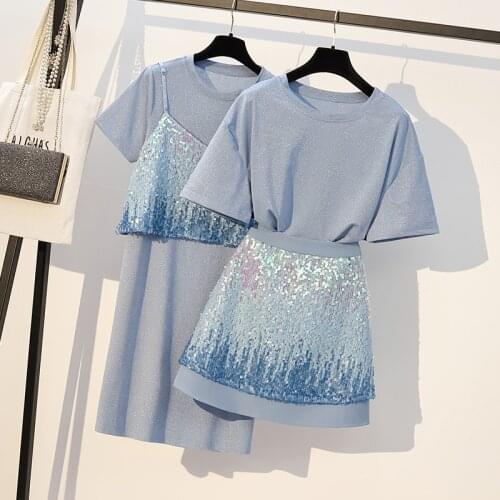 4XL Plus Size Women Clothing 2 Piece Set Sequined T-Shirt and sequined skirt set for women spaghetti straps tank and skirt suit