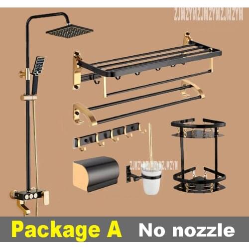 Black Gold Black Shower Set All Aluminum Hot And Cold Water Switch Rotating Wall Booster Shower Head Shower Bath