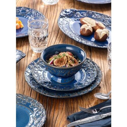 European Style Dinner Plates Blue Porcelain Vintage Wedding Dinner Plates Retro Fashion Geschirr Set Home Accessories EI50TZ