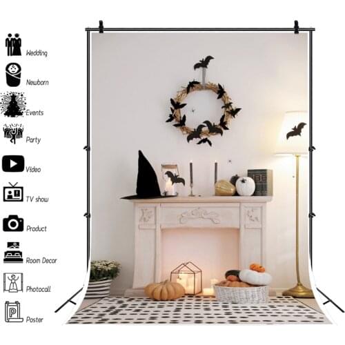 Halloween Backdrop Pumpkin Lantern Bat Fireplace Baby Room White Photography Backdrops Photographic Background Vinyl Backgrounds