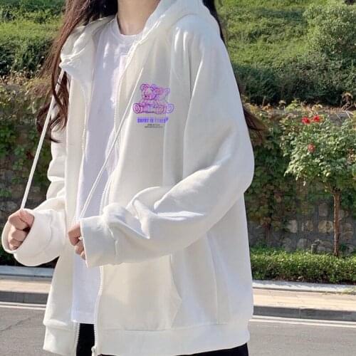 Cotton high-street print white cardigan zipper sweater jacket men and women trendy casual sports loose Korean hooded tops y2k