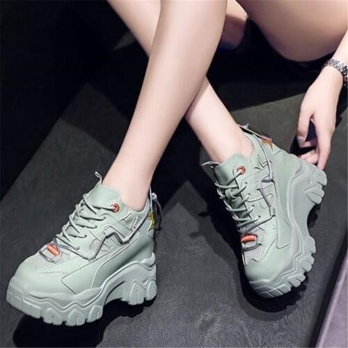 Newest Women Chunky Sneakers Fashion Platform Height Increased Shoes Female Leather Lace Up Footwear Zapatos Mujer White Black