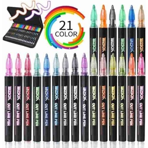 12/21 Color Markers Double Line Pen Set Metallic Color Highlighter Marker Pen For Art Painting Writing Pen