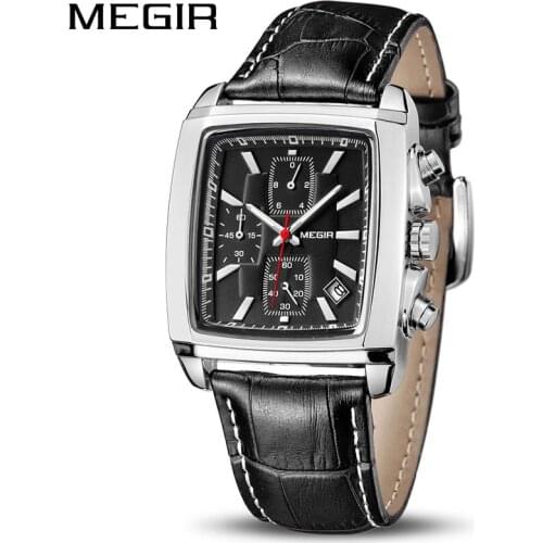 MEGIR Original Watch Men Top Brand Luxury Rectangle Quartz Military Watches Waterproof Luminous Leather Wristwatch Men Clock