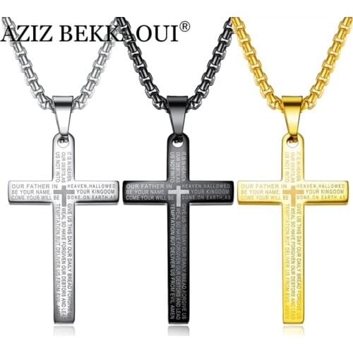 AZIZ BEKKAOUI Mens Titanium Steel Necklace Vintage Cross Necklace Verse Boys Pendant Bible Mens Accessories For Men Gift