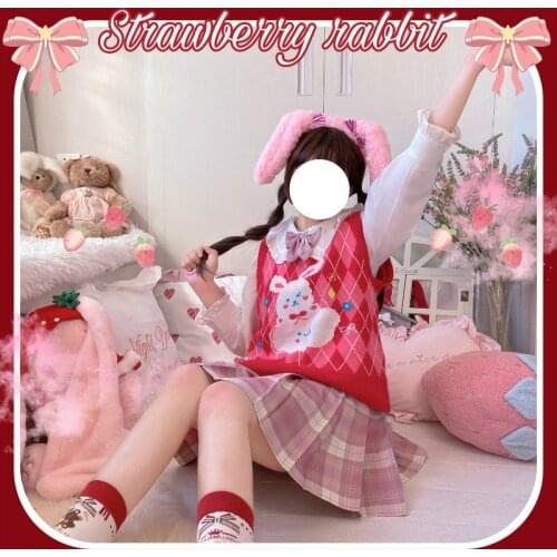 Japanese Preppy Style Autumn Winter Sleeveless Women Bunny Floral Anime Knitted Vest Cute Kawaii Christmas Red Lolita Sweater