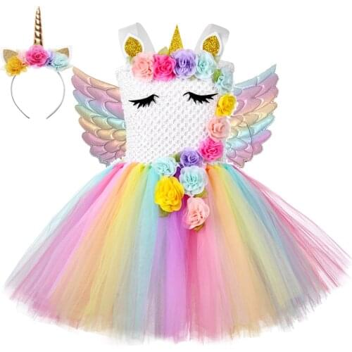 Flower Girl Unicorn Tutu Dress Costume Baby Girls Wings Fairy Princess Dresses Rainbow Outfit Kids Birthday Halloween Costumes