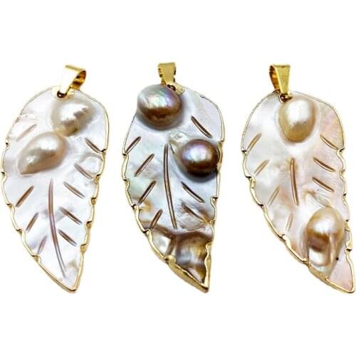Natural leaf shape oyster pearl pendant hand carved Big Oyster shell charm for necklace making gold color plated oyster pearl