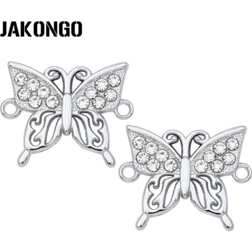 JAKONGO Sliver Plated Crystal Butterfly Charm Connectors fit Jewelry Making Bracelet Findings Accessories DIY 21x17mm