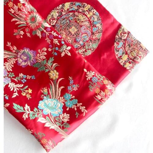 Festive Wedding Red Five Dragon Group Begonia Flower Brocade Silk Cloth Width 75CM