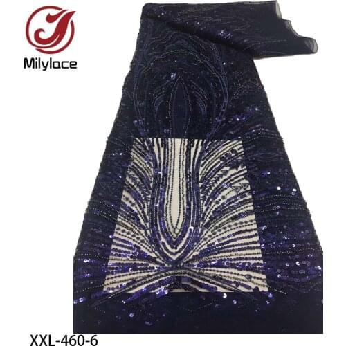 Luxury French Lace Fabric Sequin Beaded Embroidered Net Lace High Quality African Tulle Lace Fabric for Party Dress XXL-460