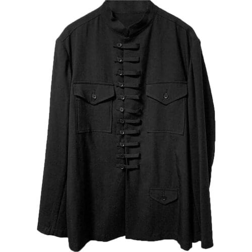 S-7XL!! 2020 mens shirt black stand collar button Chinese style