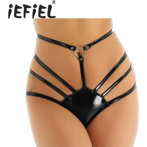 Sexy Women Lingerie Panties Wet Look Patent Leather Adjustable Waist High Cut Solid Strappy G-string Bikini Thong Underwear