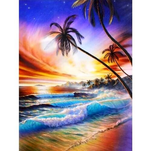 GATYZTORY Cross Stitch Embroidery Seaside Scenery Needlework Sets Tree Landscape Kits White Canvas DIY Home Decor 40x50cm