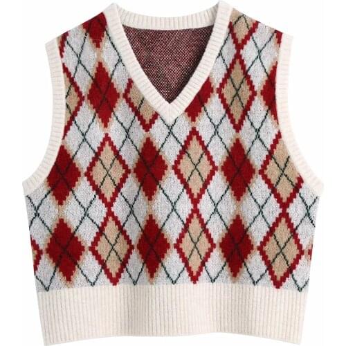 ZA Women 2021 Fashion Diamond Check Knitted Vest Sweater Vintage Sleeveless Side Vents Female Waistcoat Chic Tops