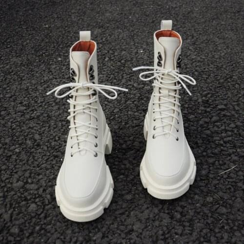 2021 Spring New Lace-Up Ankle Boots for Women Thick Bottom Round Toe Genuine Leather Boots Black White All-match Platform Shoes