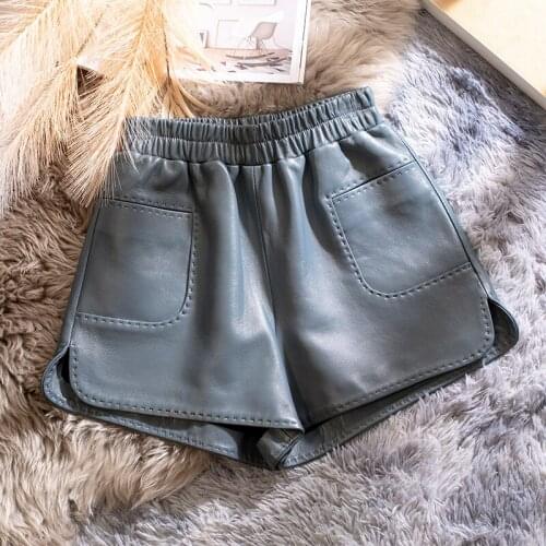 Female Wide Leg Short Genuine Sheepskin Leather Shorts Korean Simple Womens Summer Shorts Boot Cuts Ropa De Mujer Zjt2452