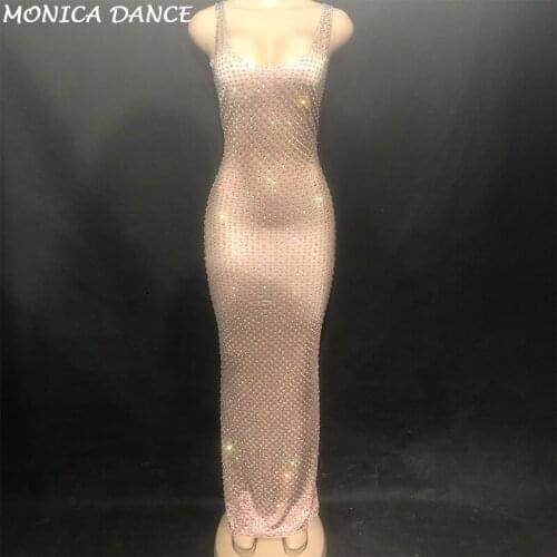 Women Sexy Stage Skin Color Long Dress Sleeveless Full Of Sparkling Crystals Nightclub Party Banquet Stage Wear Costumes