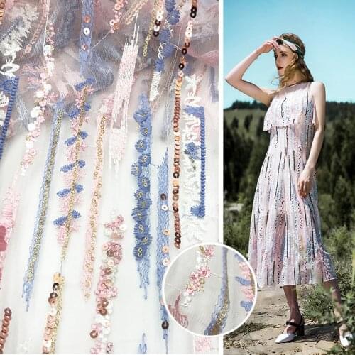 1yard 160cm Sequins colors polyester silk embroidered lace fabric mesh embroidery diy fashion womens dress skirt sewing