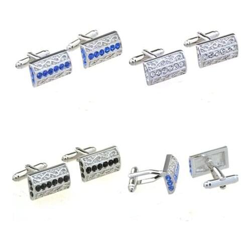 10pairs/lot Luxury Rhinestone Cufflinks Blue/White/Black Crystal Cuff link Romantic Hollow Design Mens Wedding/Business Jewelry