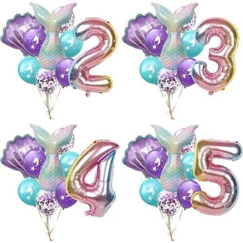 9pcs/lot Mermaid Party Balloons 32inch Number Foil Balloon Kids Birthday Party Decorations Baby Shower Decor Helium Globos