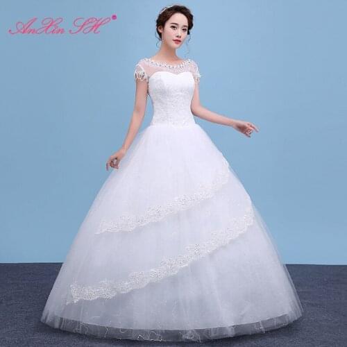 AXJFU princess lace white wedding dress party vintage o neck beading crystal illusion ruffles ball gown glaring wedding dress