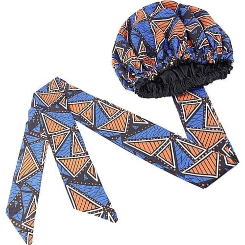 African Printed Satin Hair Cap For Sleeping Ribbon Round Double Turban Hat Wrapped Bonnet Women Haircover Fashion