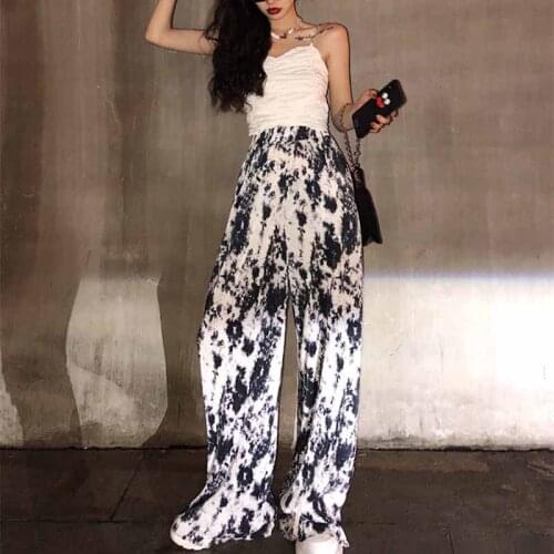 Lcuk A Loose Straight Ruched Pleated Full Pant Summer Sexy Tie Dye Print High Waist Harajuku Streetwear Workout Hip Hop Trousers